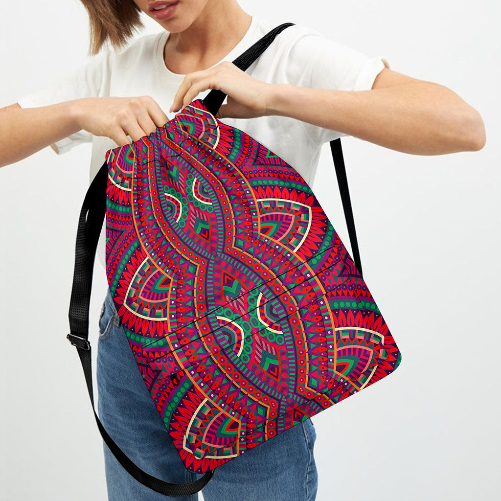 Red Tribal Ethnic Mandala Print Drawstring Backpack