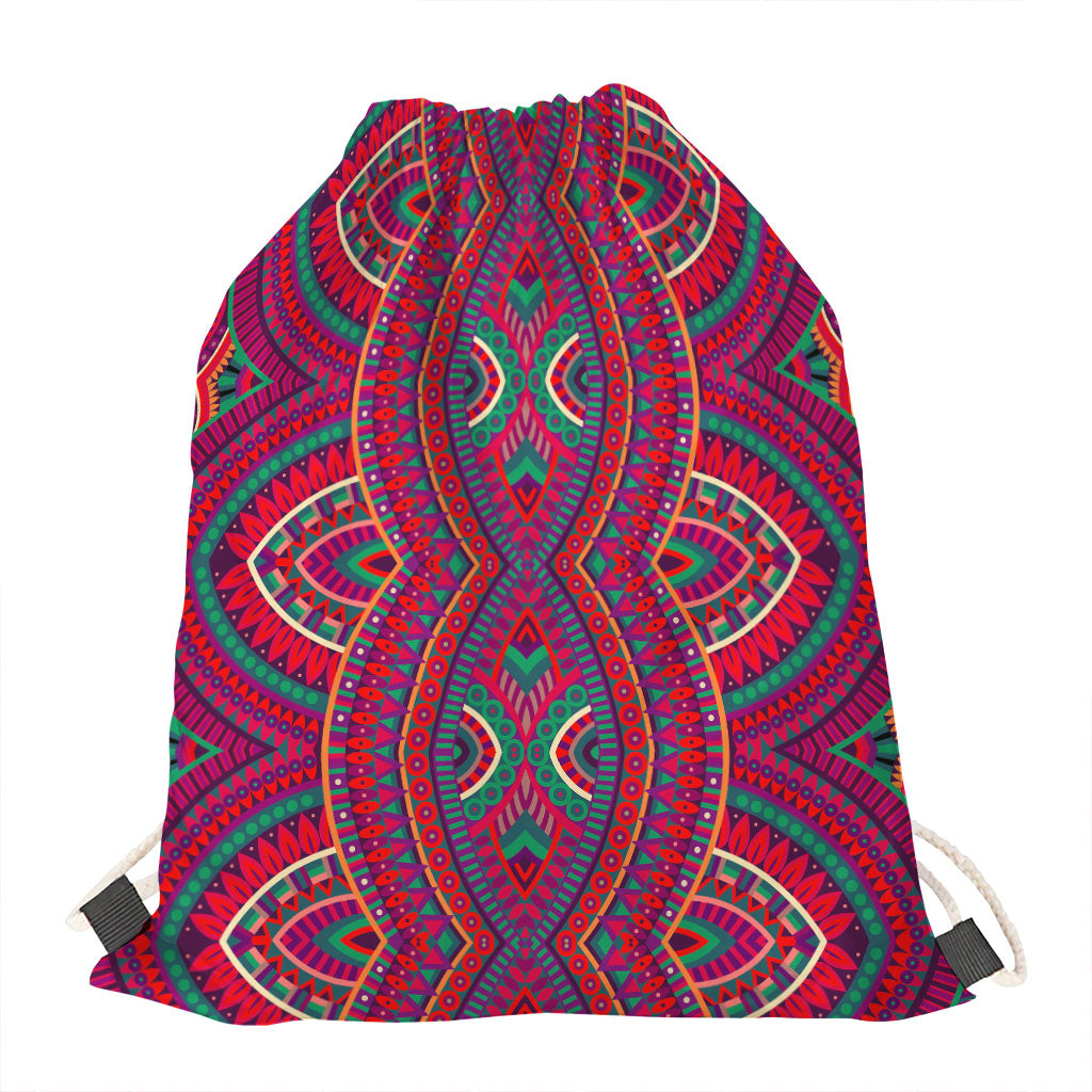 Red Tribal Ethnic Mandala Print Drawstring Bag
