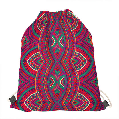 Red Tribal Ethnic Mandala Print Drawstring Bag