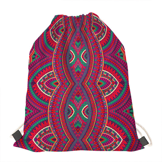 Red Tribal Ethnic Mandala Print Drawstring Bag