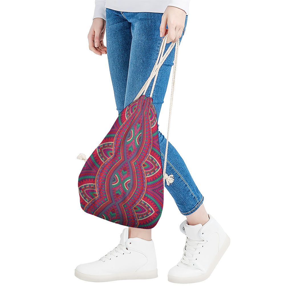 Red Tribal Ethnic Mandala Print Drawstring Bag