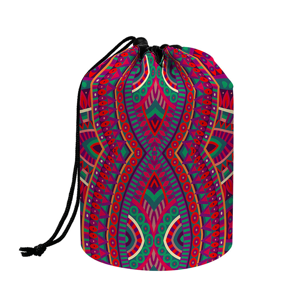 Red Tribal Ethnic Mandala Print Drawstring Makeup Bag