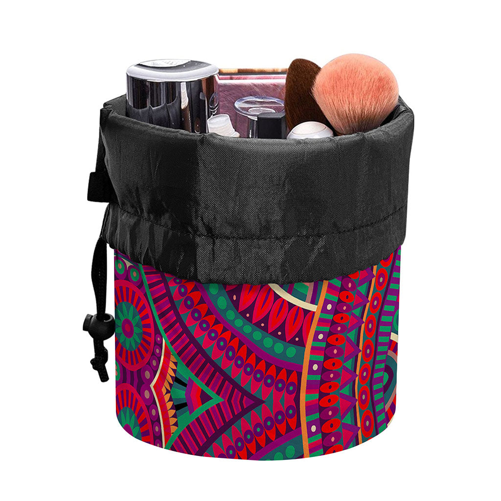 Red Tribal Ethnic Mandala Print Drawstring Makeup Bag