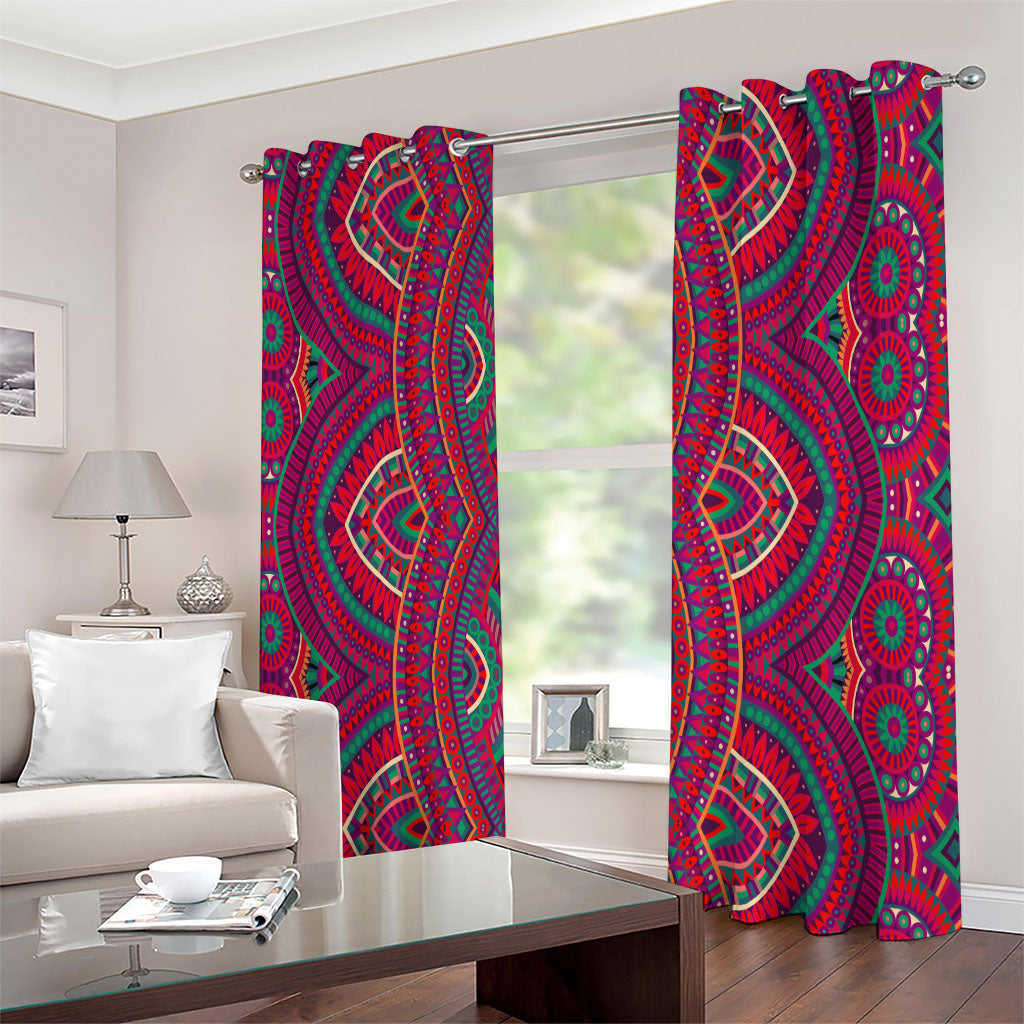 Red Tribal Ethnic Mandala Print Extra Wide Grommet Curtains