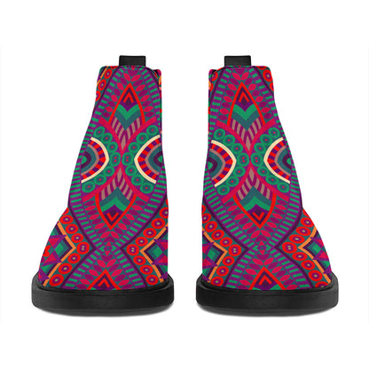 Red Tribal Ethnic Mandala Print Flat Ankle Boots