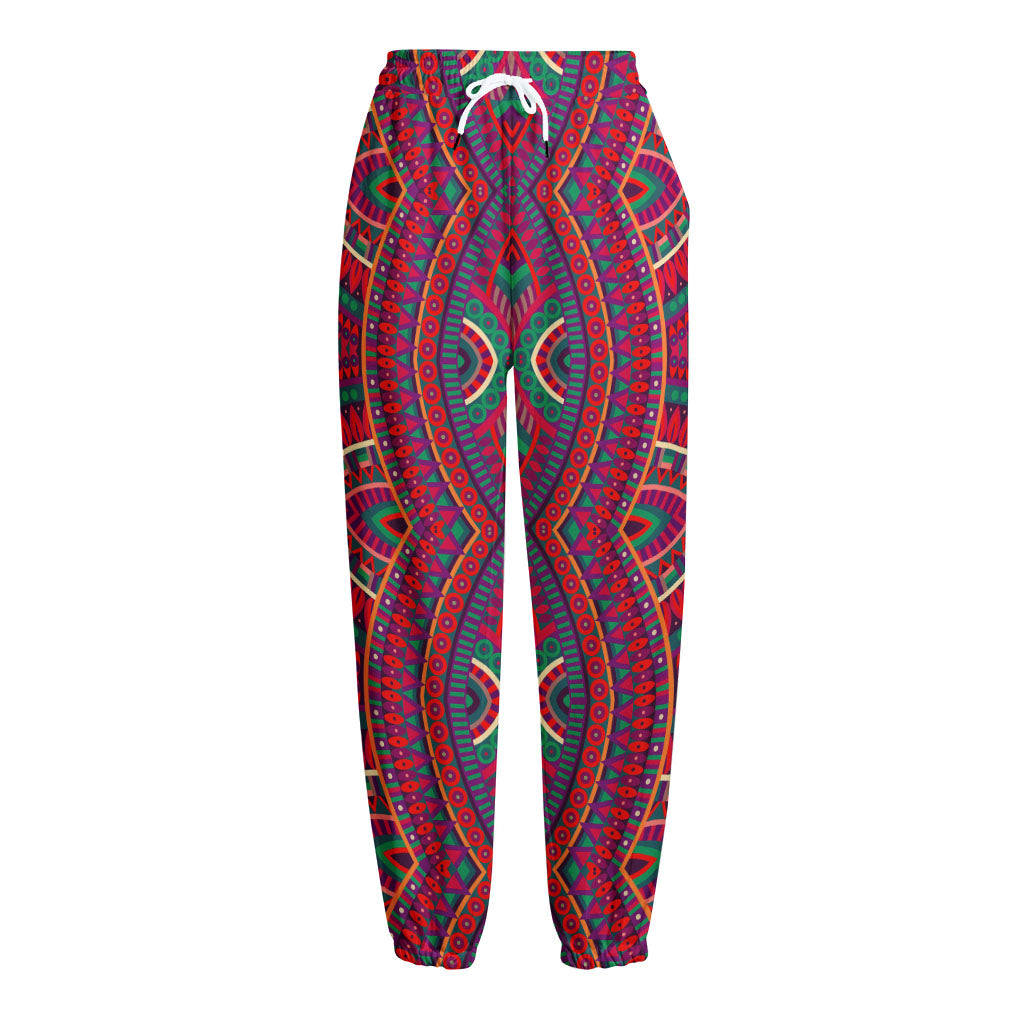 Red Tribal Ethnic Mandala Print Fleece Lined Knit Pants