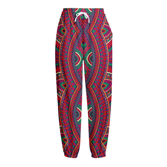 Red Tribal Ethnic Mandala Print Fleece Lined Knit Pants