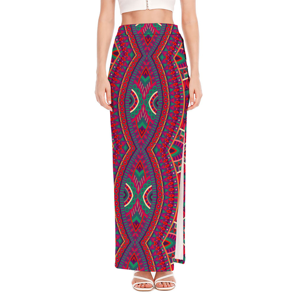 Red Tribal Ethnic Mandala Print High Slit Maxi Skirt