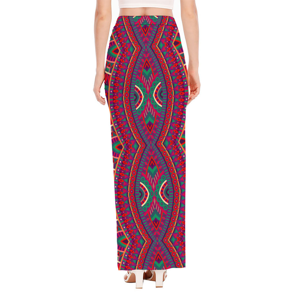 Red Tribal Ethnic Mandala Print High Slit Maxi Skirt