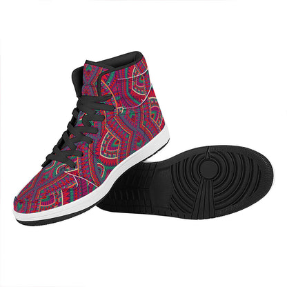 Red Tribal Ethnic Mandala Print High Top Leather Sneakers