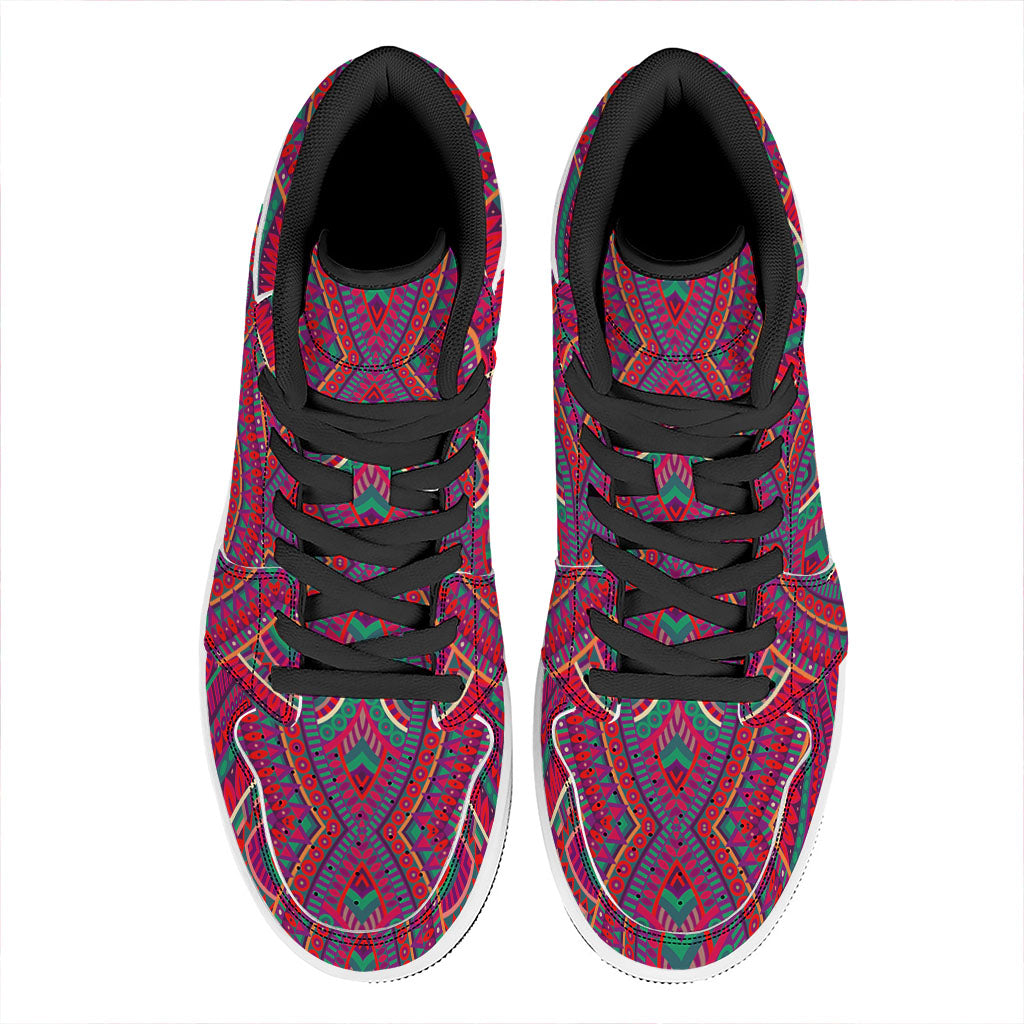 Red Tribal Ethnic Mandala Print High Top Leather Sneakers