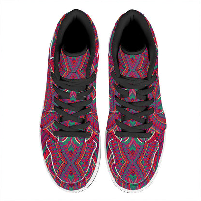 Red Tribal Ethnic Mandala Print High Top Leather Sneakers