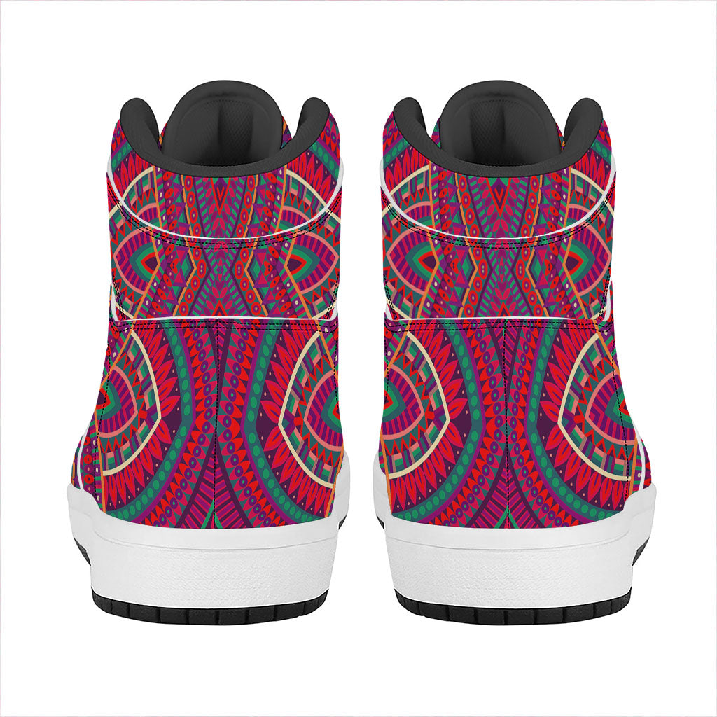 Red Tribal Ethnic Mandala Print High Top Leather Sneakers