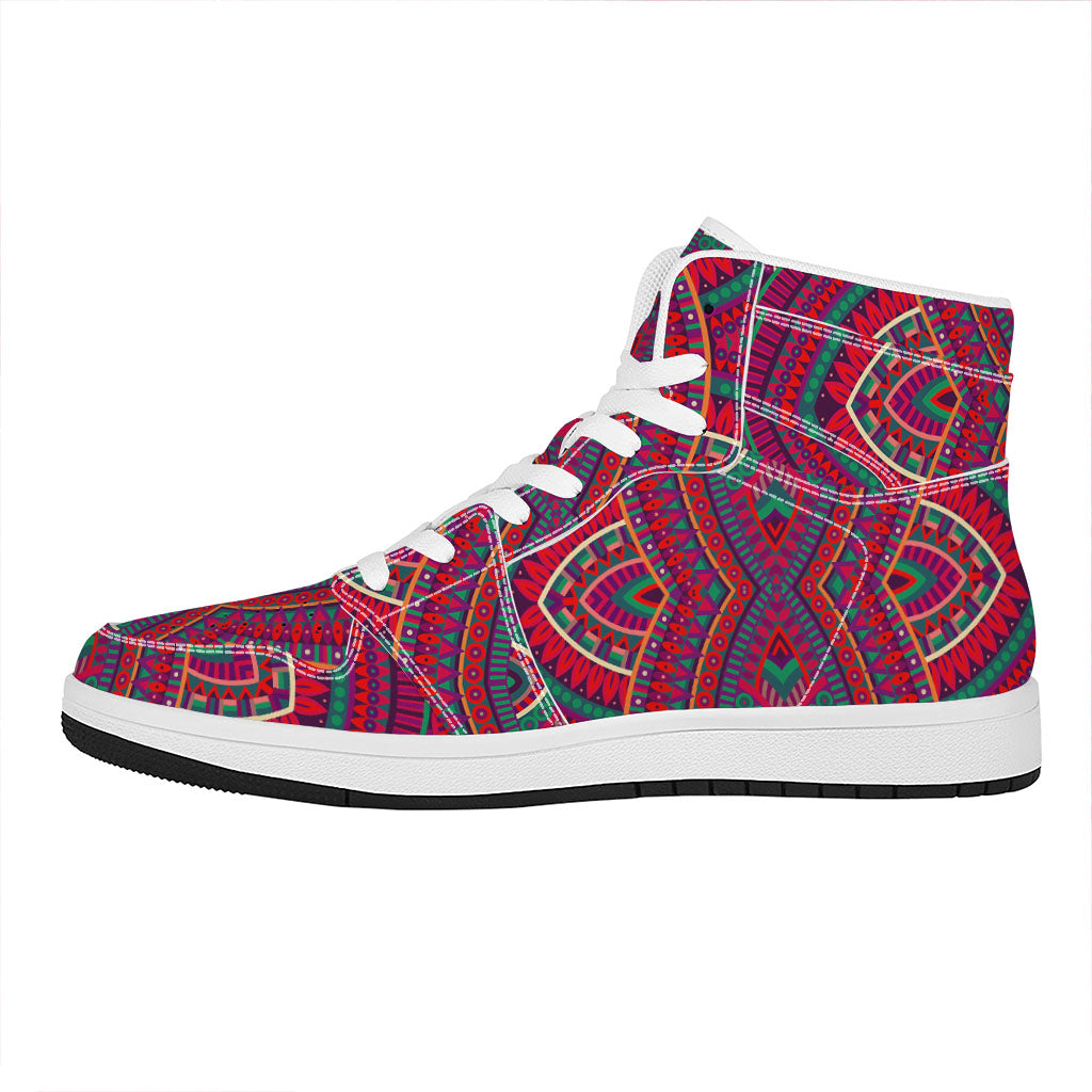 Red Tribal Ethnic Mandala Print High Top Leather Sneakers