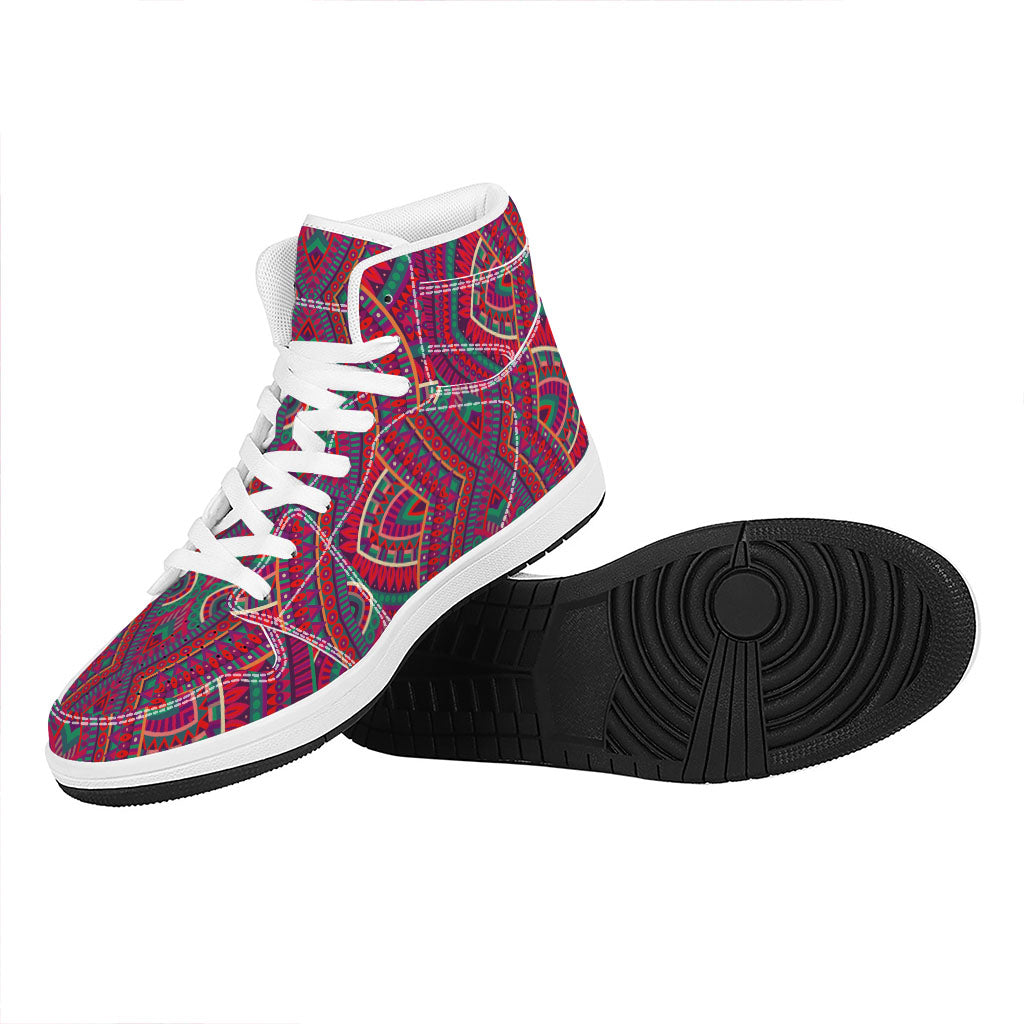 Red Tribal Ethnic Mandala Print High Top Leather Sneakers