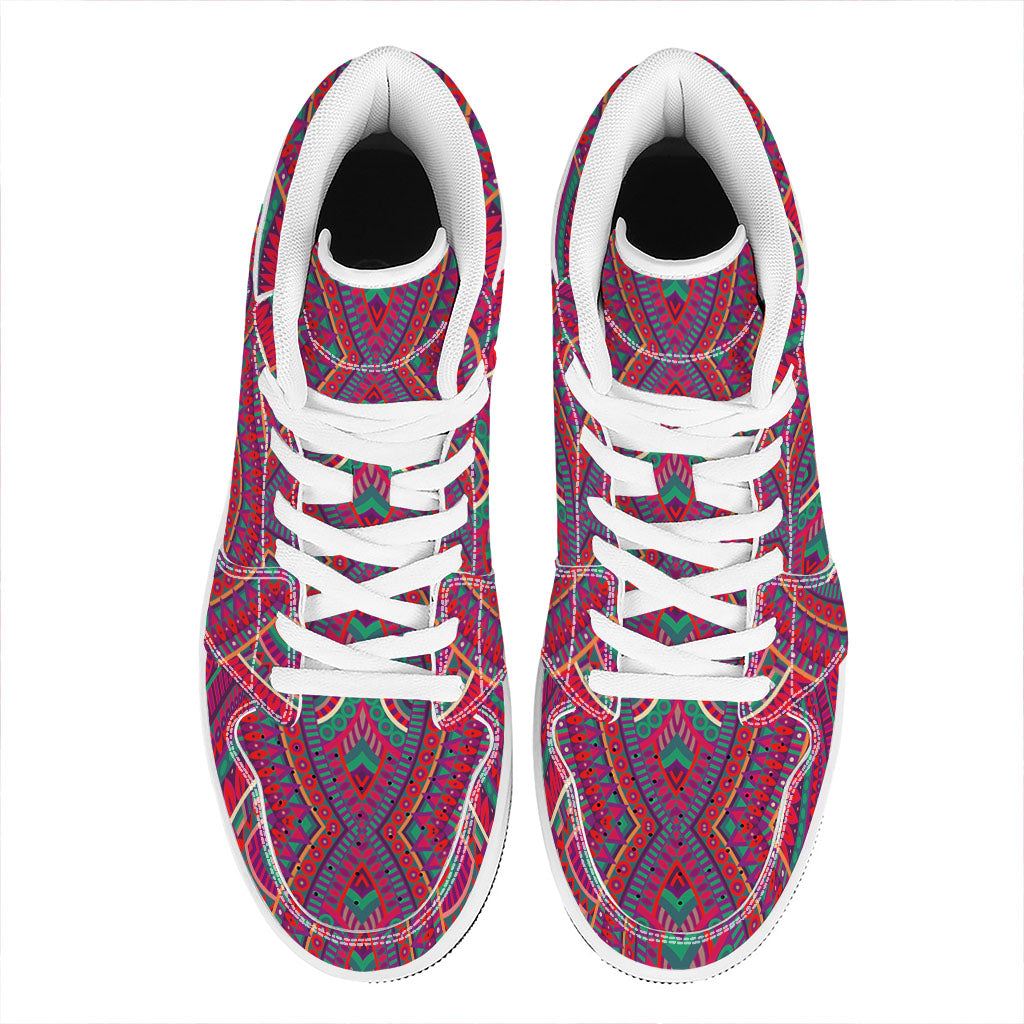 Red Tribal Ethnic Mandala Print High Top Leather Sneakers