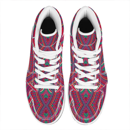 Red Tribal Ethnic Mandala Print High Top Leather Sneakers