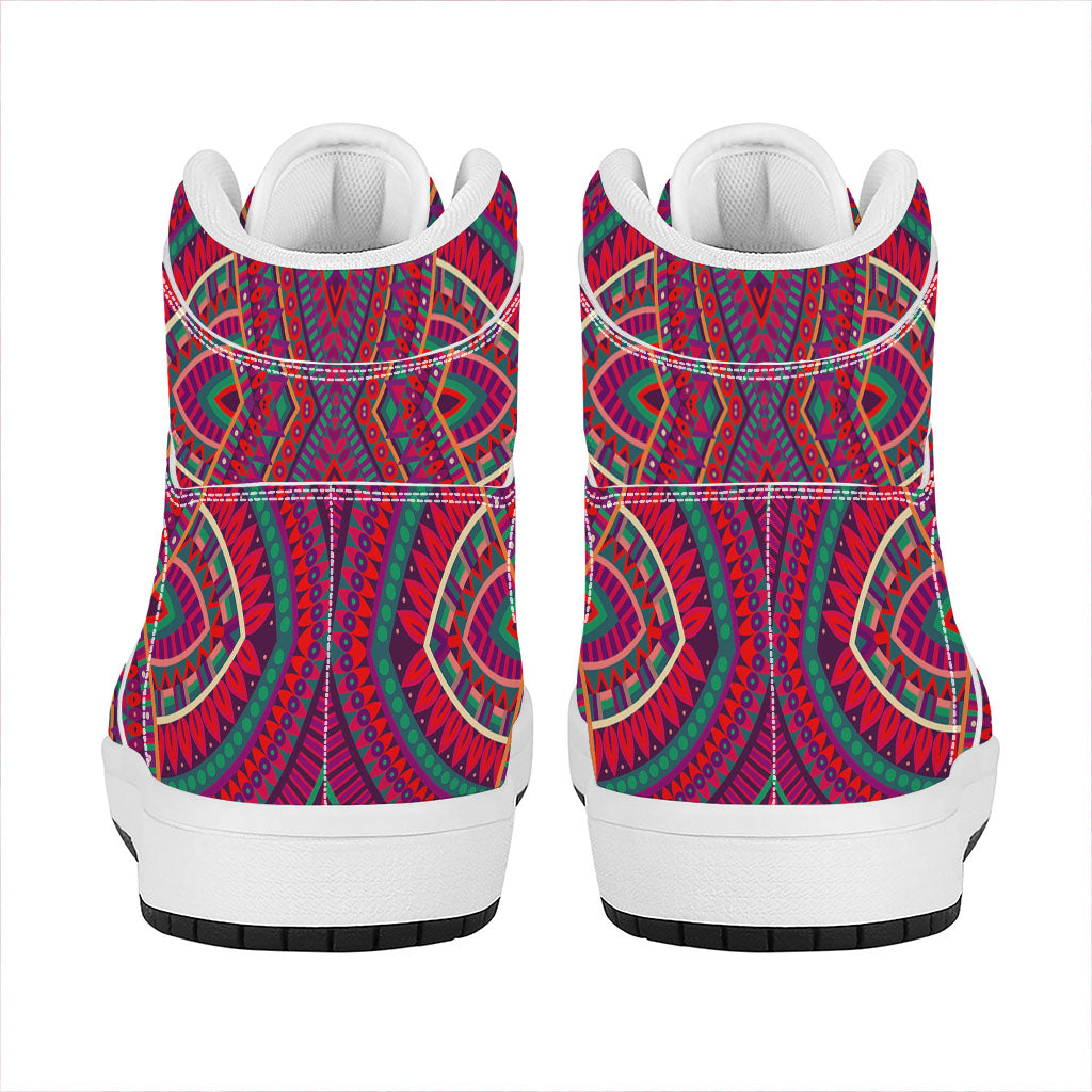 Red Tribal Ethnic Mandala Print High Top Leather Sneakers