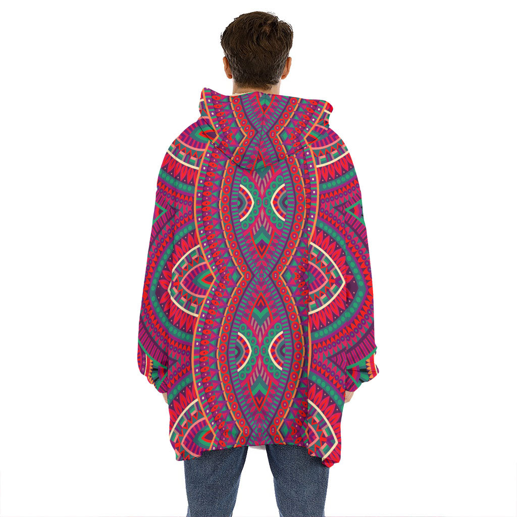 Red Tribal Ethnic Mandala Print Hoodie Blanket