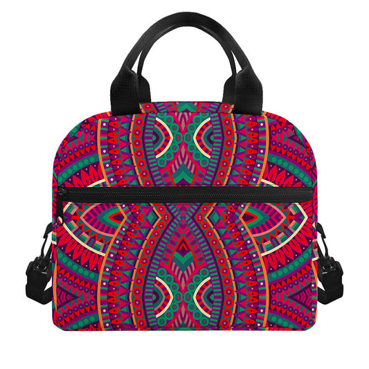 Red Tribal Ethnic Mandala Print Insulated Lunch Bag