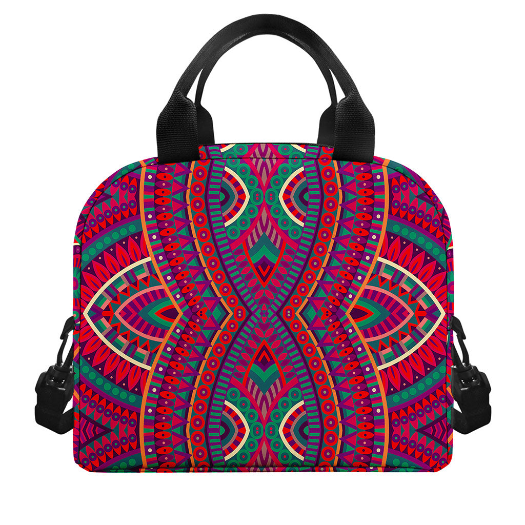 Red Tribal Ethnic Mandala Print Insulated Lunch Bag
