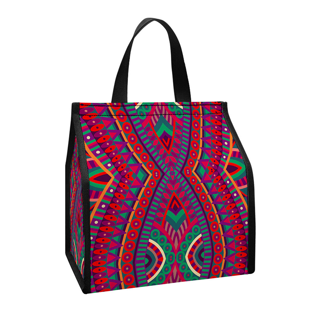 Red Tribal Ethnic Mandala Print Insulated Lunch Tote