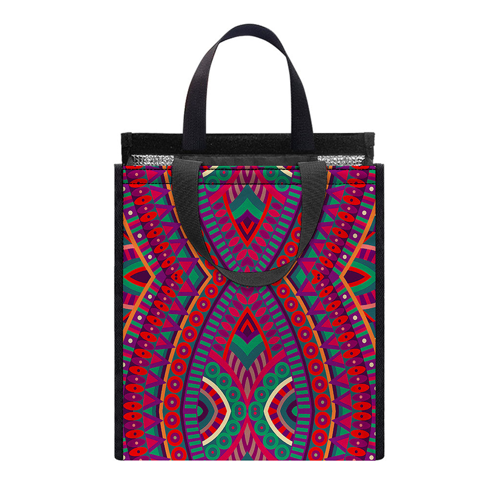 Red Tribal Ethnic Mandala Print Insulated Lunch Tote