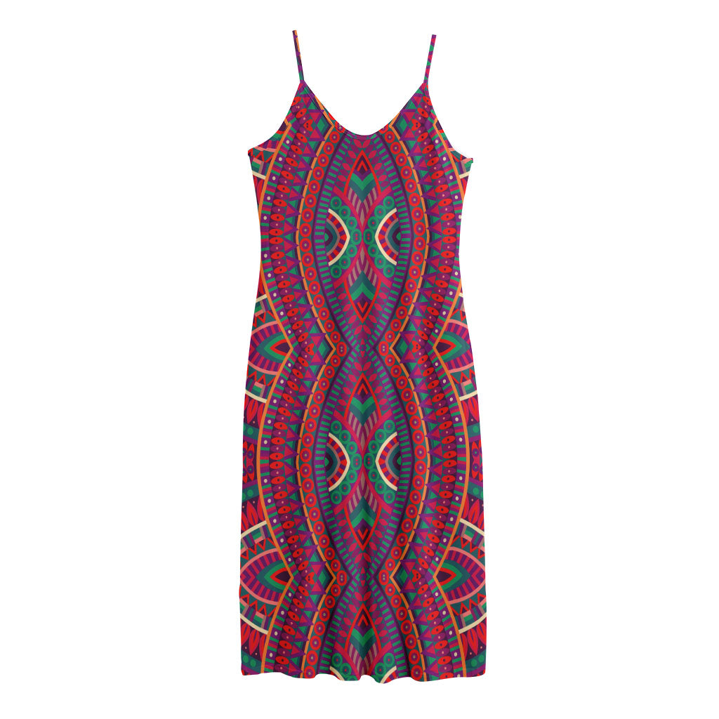 Red Tribal Ethnic Mandala Print Jersey Midi Cami Dress