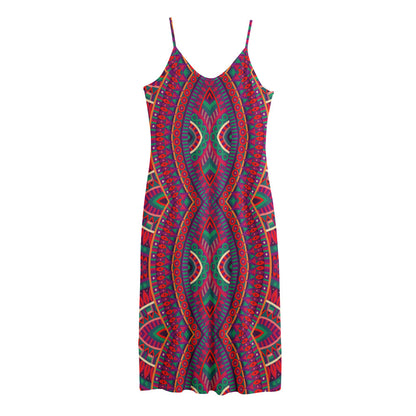 Red Tribal Ethnic Mandala Print Jersey Midi Cami Dress