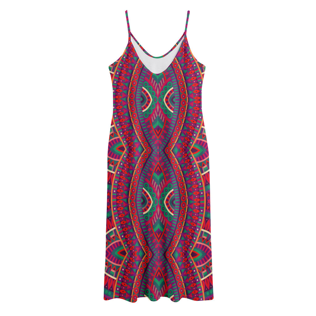Red Tribal Ethnic Mandala Print Jersey Midi Cami Dress