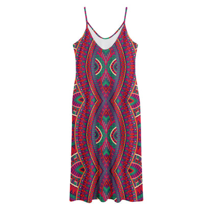 Red Tribal Ethnic Mandala Print Jersey Midi Cami Dress