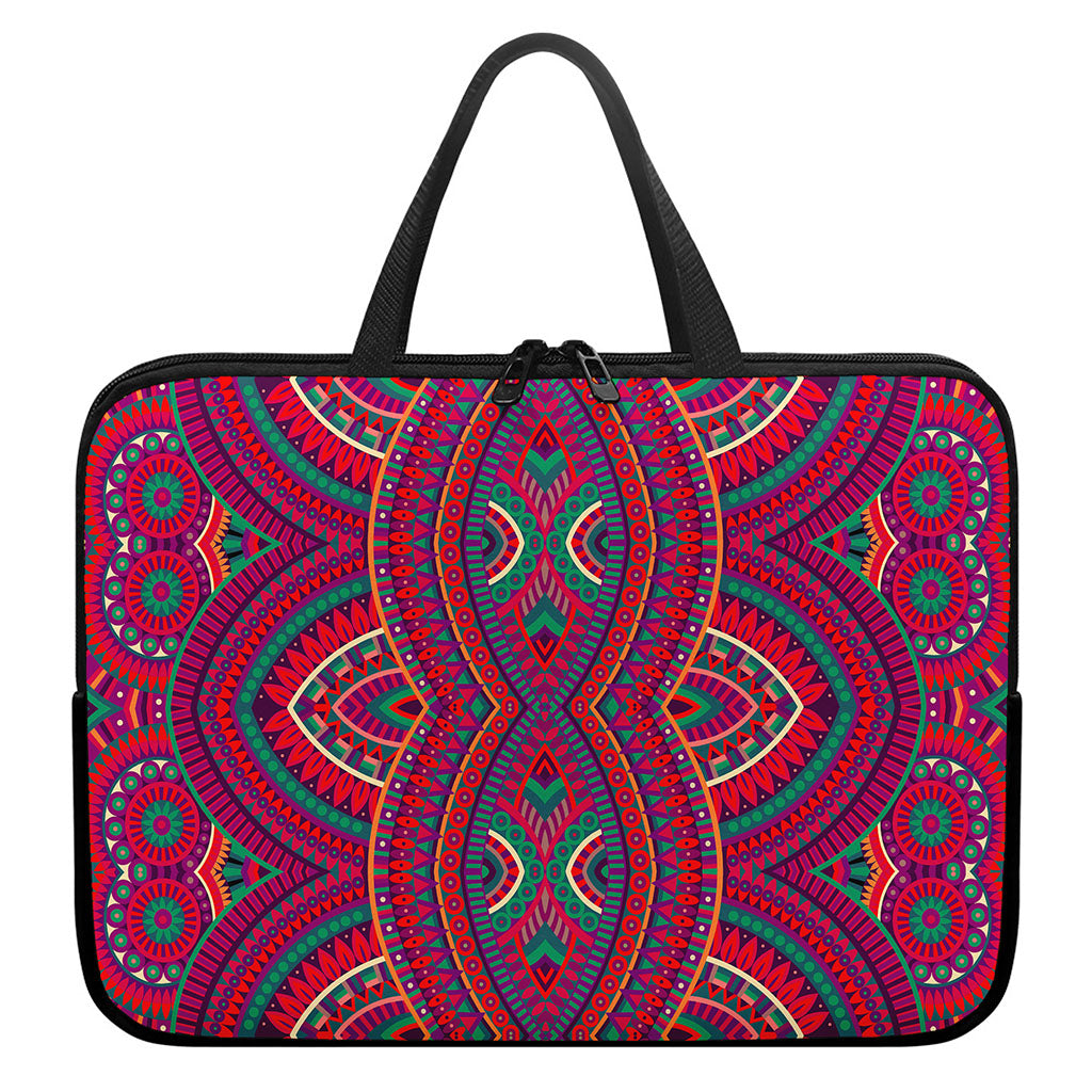 Red Tribal Ethnic Mandala Print Laptop Sleeve With Handle