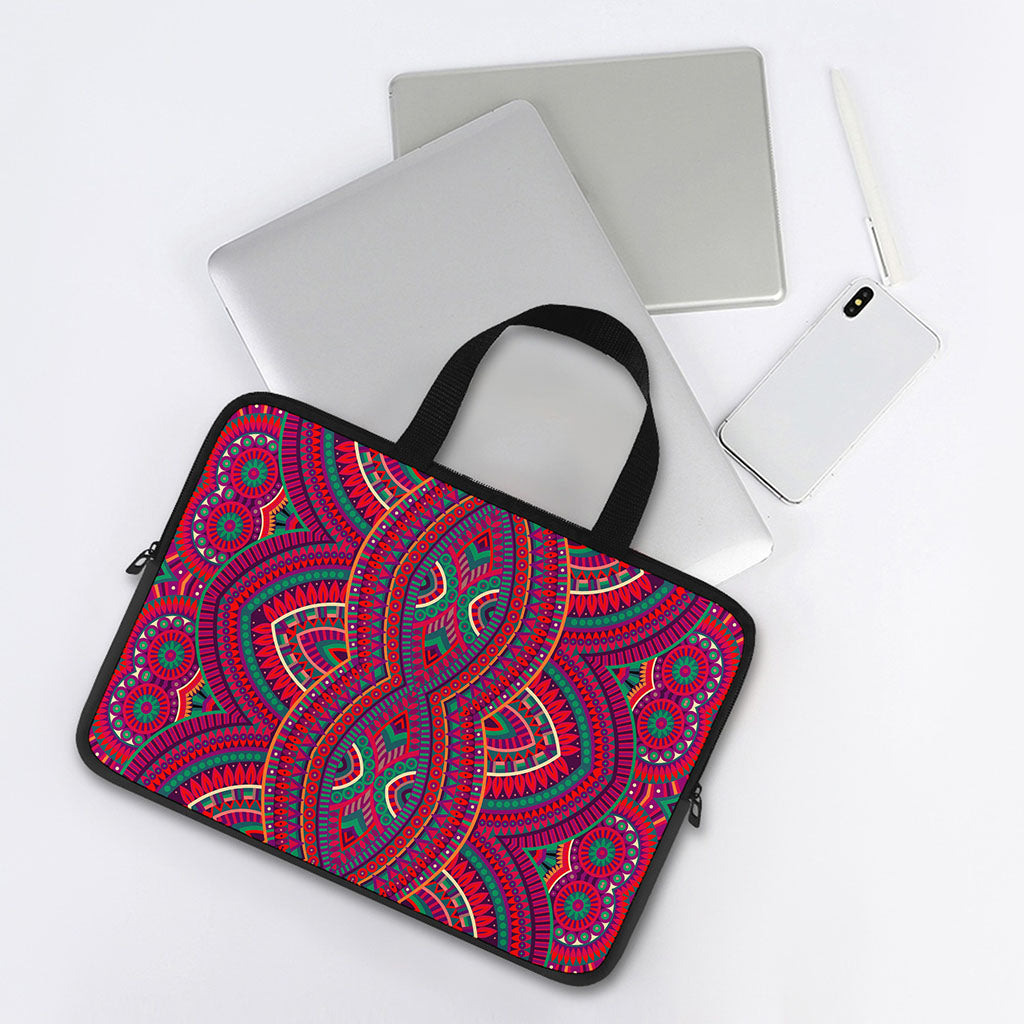 Red Tribal Ethnic Mandala Print Laptop Sleeve With Handle
