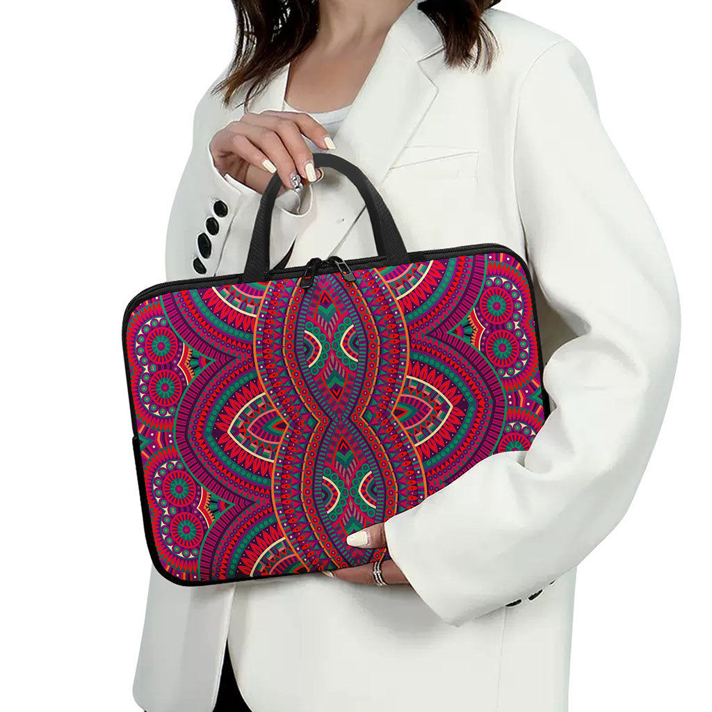 Red Tribal Ethnic Mandala Print Laptop Sleeve With Handle