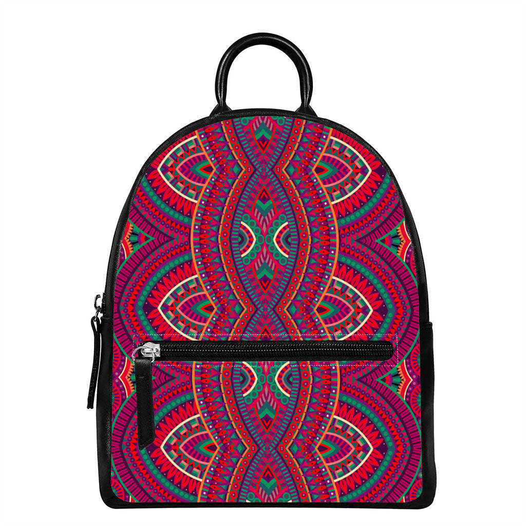 Red Tribal Ethnic Mandala Print Leather Backpack