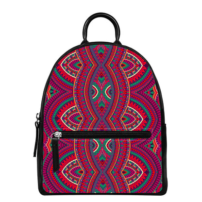 Red Tribal Ethnic Mandala Print Leather Backpack