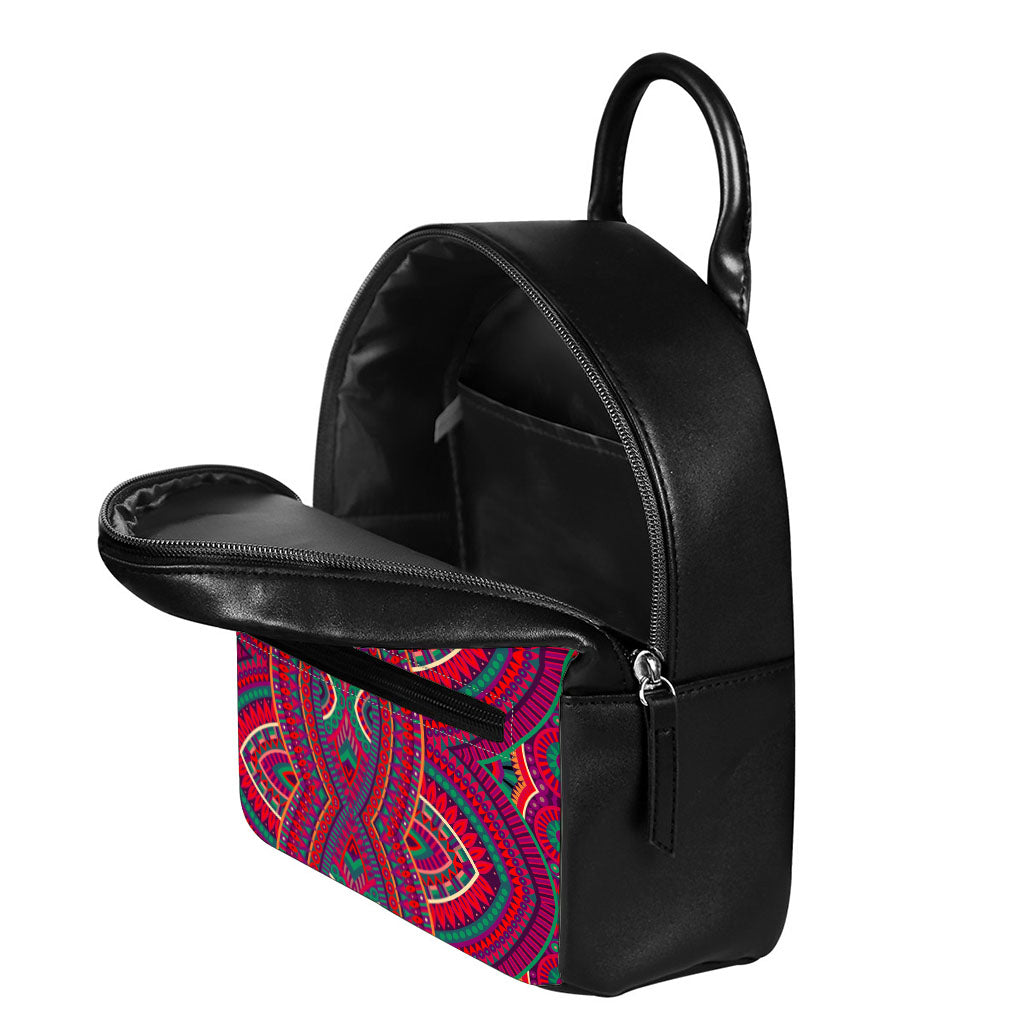 Red Tribal Ethnic Mandala Print Leather Backpack