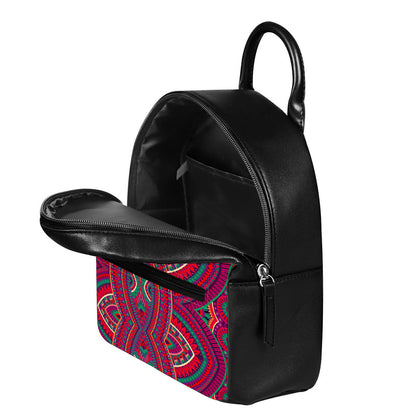 Red Tribal Ethnic Mandala Print Leather Backpack