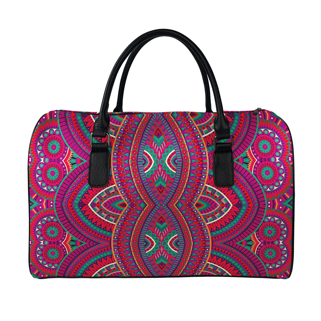 Red Tribal Ethnic Mandala Print Leather Duffle Bag