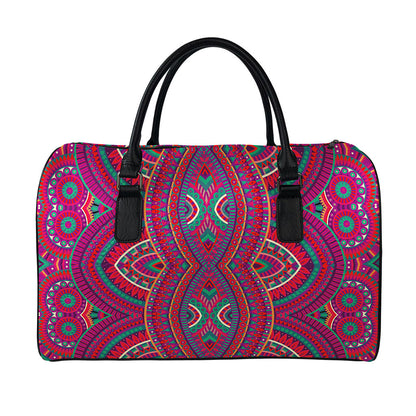 Red Tribal Ethnic Mandala Print Leather Duffle Bag