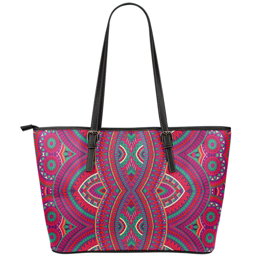 Red Tribal Ethnic Mandala Print Leather Tote Bag