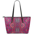 Red Tribal Ethnic Mandala Print Leather Tote Bag
