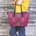 Red Tribal Ethnic Mandala Print Leather Tote Bag
