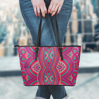Red Tribal Ethnic Mandala Print Leather Tote Bag