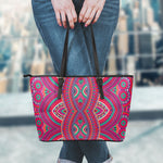Red Tribal Ethnic Mandala Print Leather Tote Bag