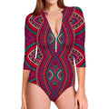 Red Tribal Ethnic Mandala Print Long Sleeve Swimsuit