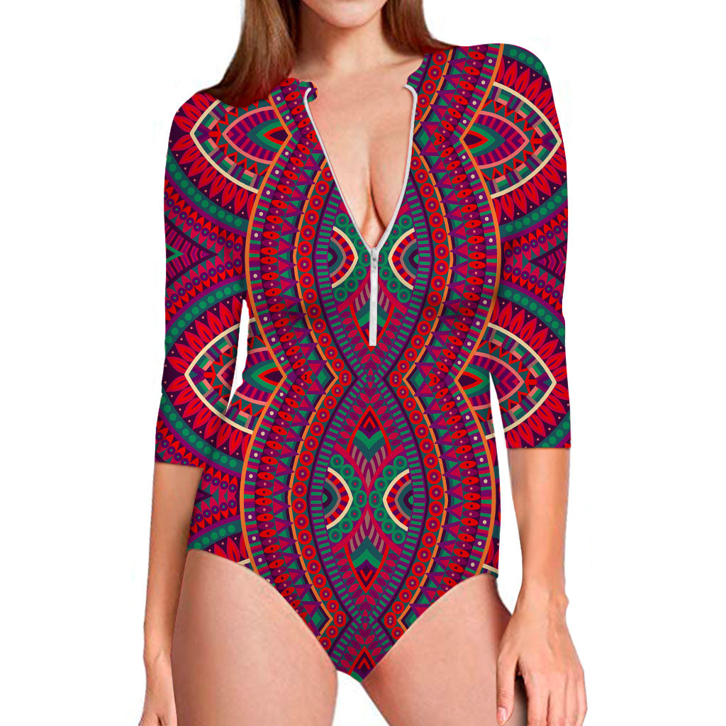 Red Tribal Ethnic Mandala Print Long Sleeve Swimsuit