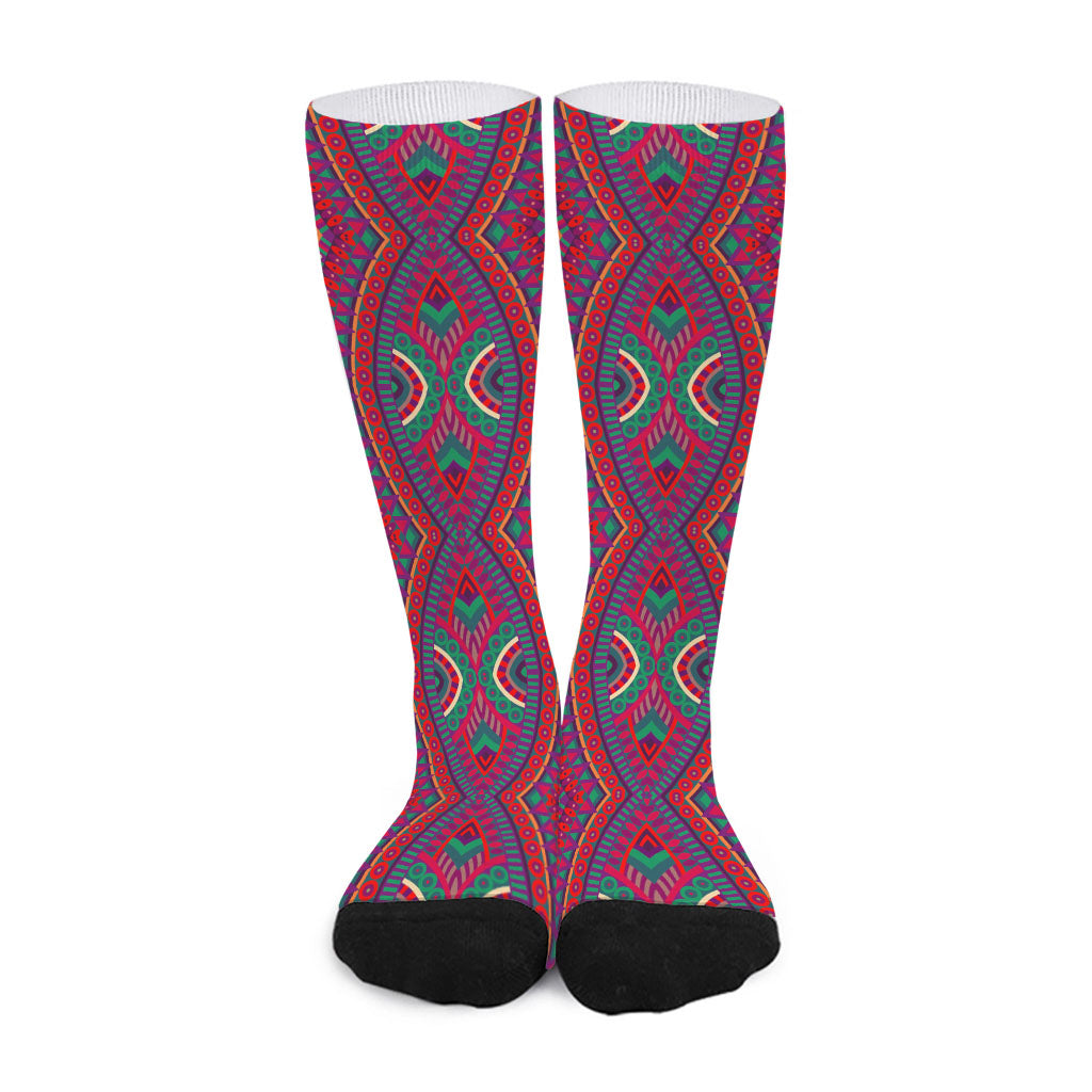 Red Tribal Ethnic Mandala Print Long Socks