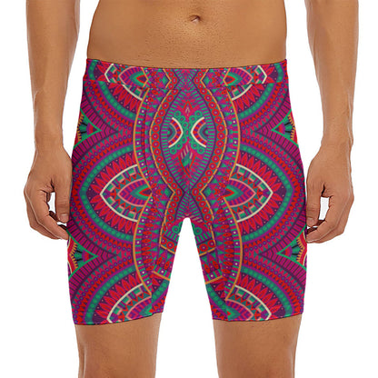 Red Tribal Ethnic Mandala Print Men's Long Boxer Briefs