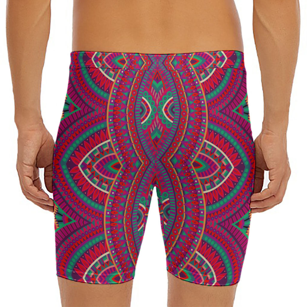 Red Tribal Ethnic Mandala Print Men's Long Boxer Briefs